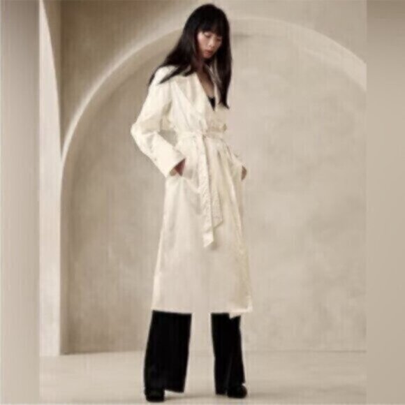 NWT! Banana Republic Maja Satin Trench Coat Iced Vanilla Ivory - Size Petite L - Picture 16 of 16